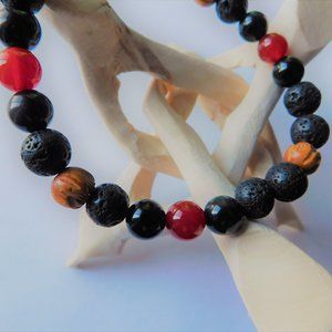 Men's Unisex Black Lava Stone Red Agate Obsidian Crystal Bead Bracelet